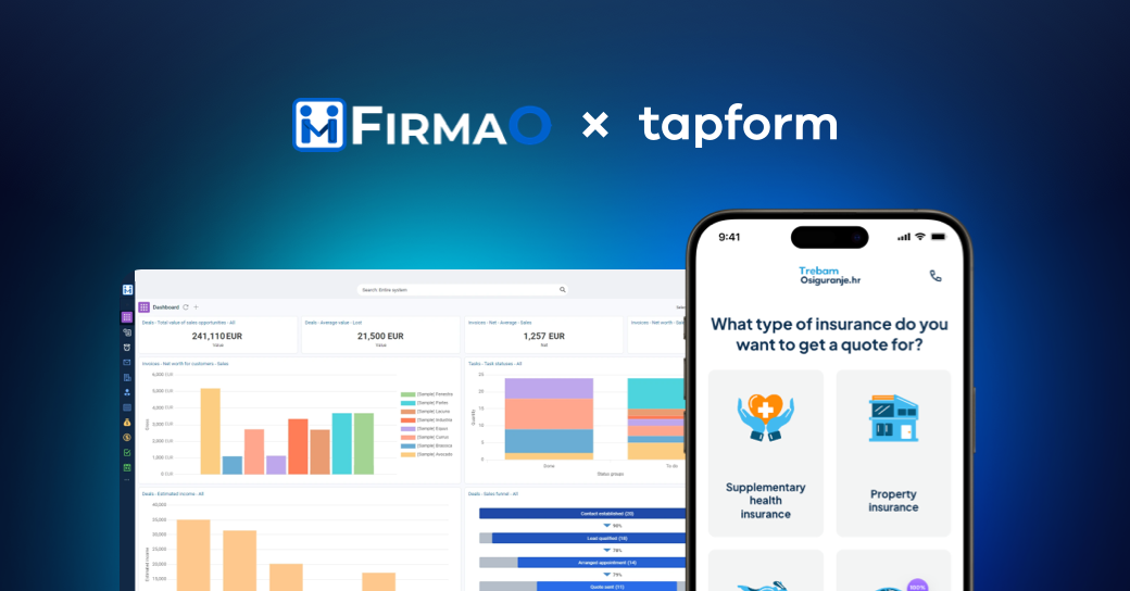 Tapform integration with Firmao CRM showing Firmao CRM software dashboard screen and Tapform mobile leads list screen.