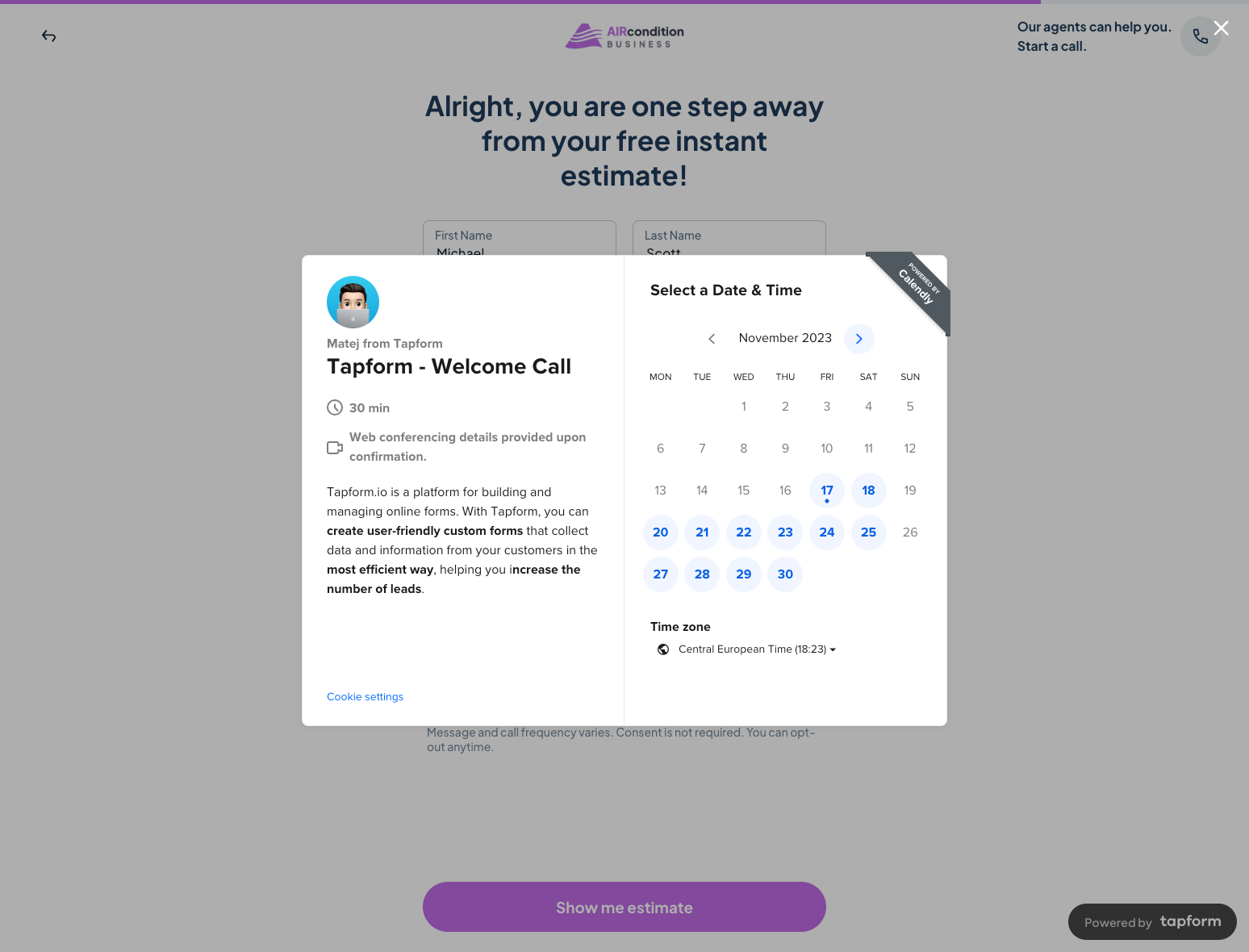 Example of Tapform Calendly form scheduling process.