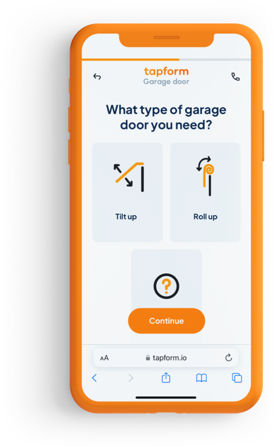 Picture of mobile device showing Tapform lead generating form for garage door business