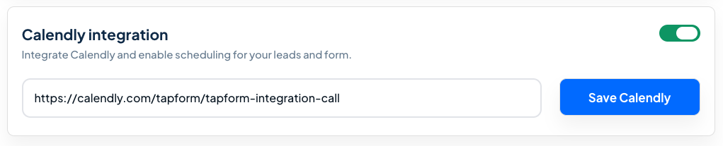 Tapform Dashboard settings Calendly integration.